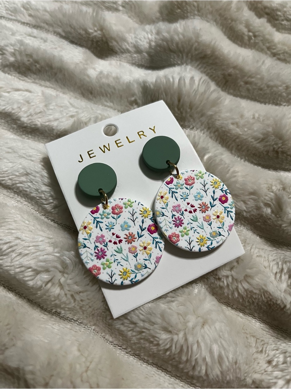 Green Floral Round Drop Earrings -